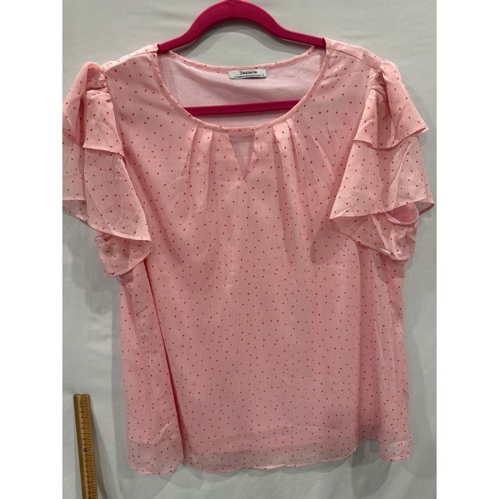 Youtalia Women's Blouse XL Pink Red Heart Print Flutter Ruffle Sleeve V-Neck